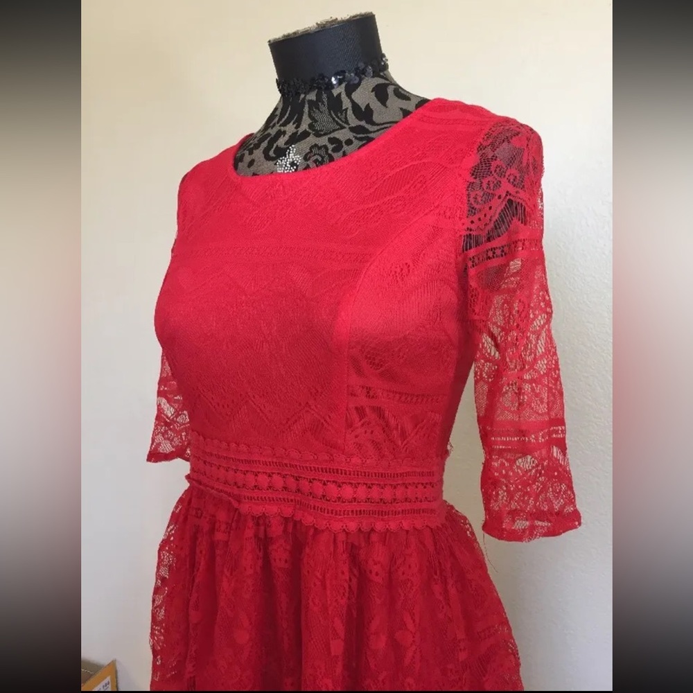 Alya Red Lace Dress Small Mini Sheer Sleeve Festive Party - Picture 1 of 6